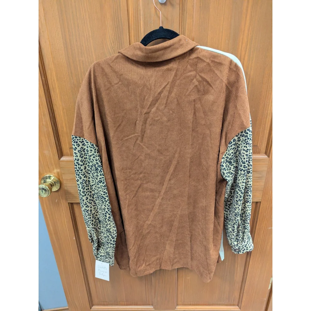 Leopard Color Block Lightweight Shacket Jacket XL Brown Cream Animal Print - Picture 3 of 5
